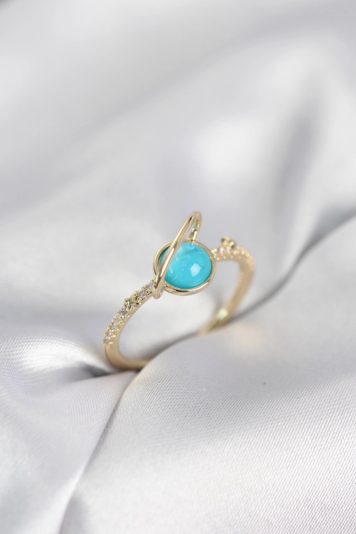 Mey İthalat® Gold Renk Zirkon Taşlı Satürn Model Kadın Yüzük